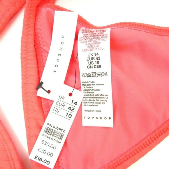 TOPSHOP Bikini Top Size 10 Womens Ribbed in Neon Pink Faux Tie Front - Picture 9 of 9